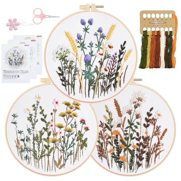 RidaaFri 3 Sets Floral Embroidery Kit Beginners, DIY Adults Craft Set, Step-by-Step Guide Video