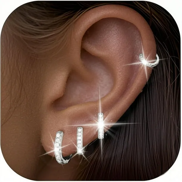 4 Pairs Silver Hoop Earrings for Women Cz Small