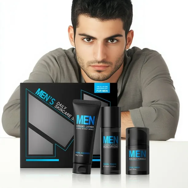 HYLLai 3-in-1 Men’s Skincare Set, Oil Control Face Cream, Toner & Cleanser for Fresh, Hydrated Skin