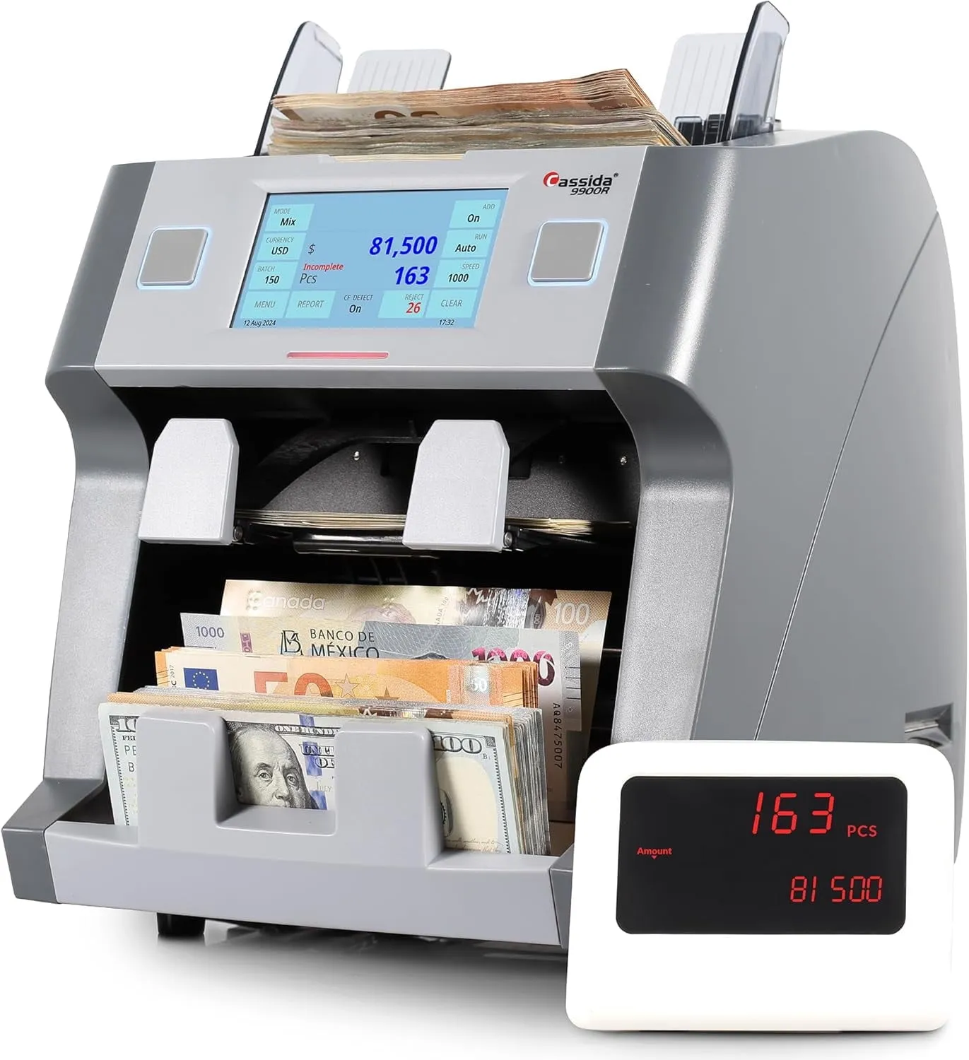 Cassida 9900R V2 2-Pocket Premium Bank Grade Money Counter Machine Mixed Denomination, Bill Sorter, Value Counting, Prin