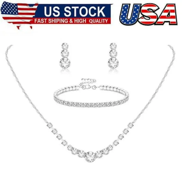 Silver Jewelry Set for Women Crystal Necklace Drop