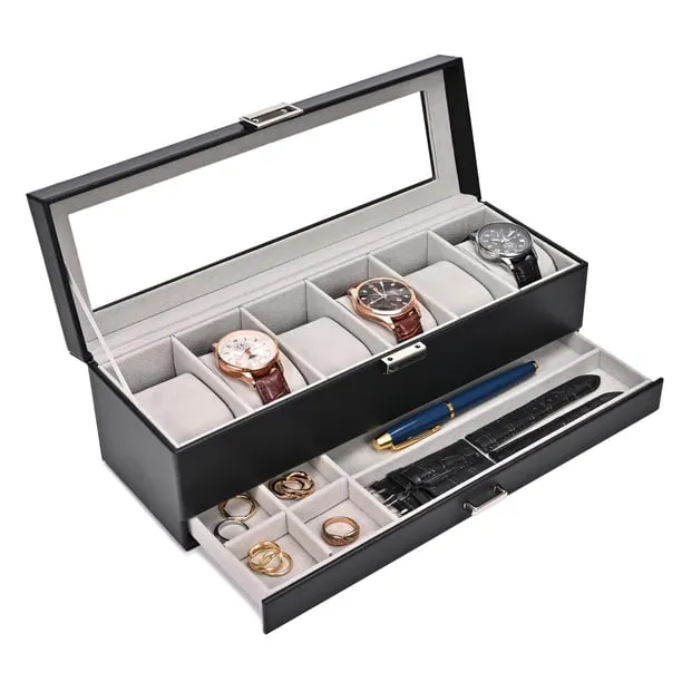 Watch Box for Men, 6 Slot Watch Display Case with Drawer, Mens Watch Case With Glass Lid, 2-Layer Jewelry and Watch