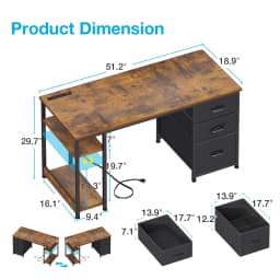 51 Inch Computer Desk with File Drawers & USB Power Outlets- Reversible Home Office Desk with Storage Shelves, Work from Home, Writing Table for Bedroom, Vintage - Thumbnail 4