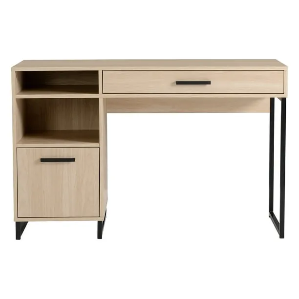 Mainstays Wood & Metal Writing Desk with 1 Drawer and 1 Door for Teen Adult,29.92 in, Natural Finish