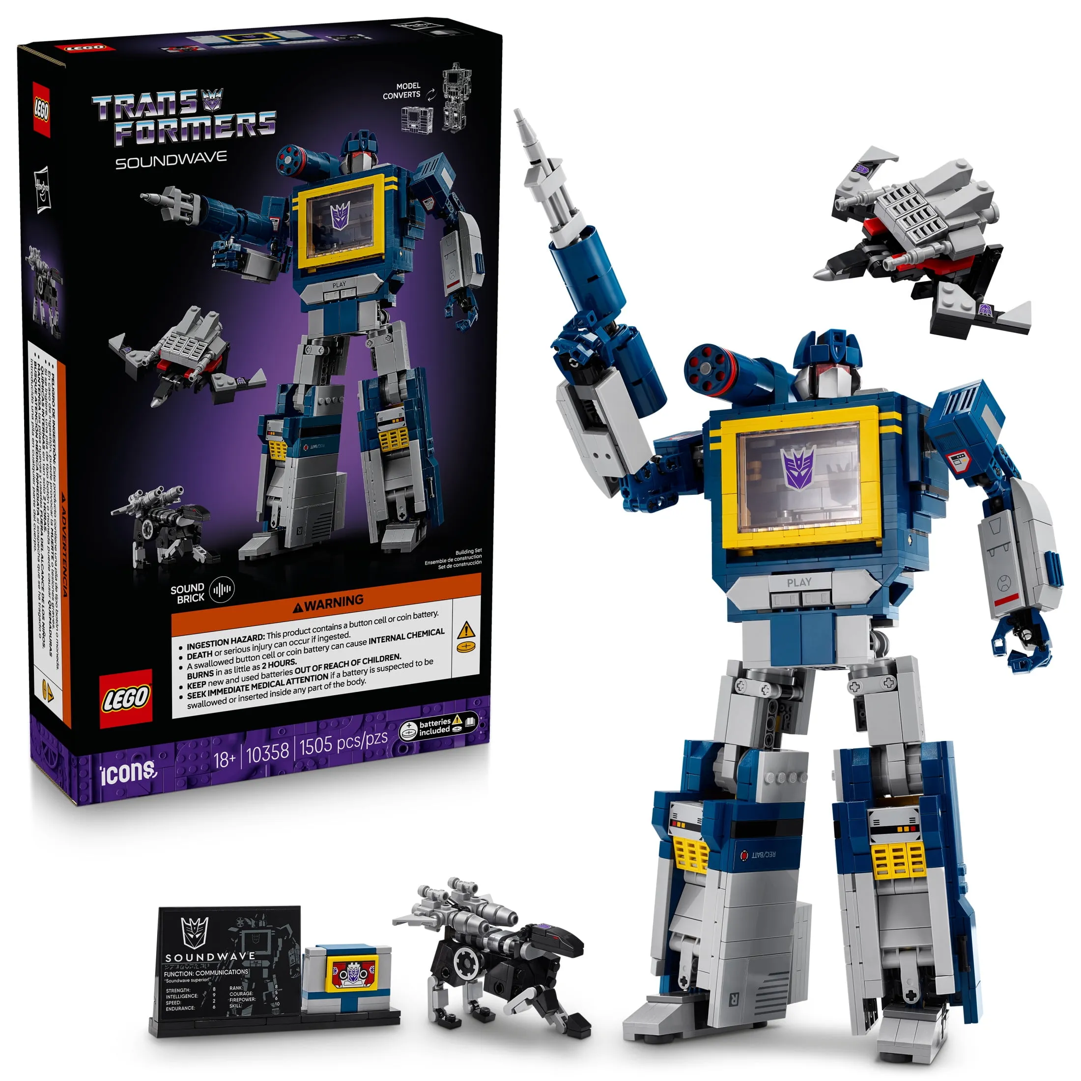 LEGO Icons Transformers: Soundwave - Building Set W/Sound Effects for Adults, 18+ - Model Kit W/Ravage & Laserbeak
