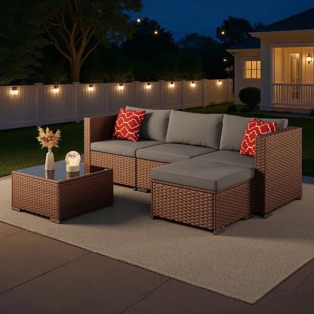 Noelse Patio Furniture Set, 5 Piece Wicker Outdoor Sectional Conversation Set with Coffee Table for Poolside