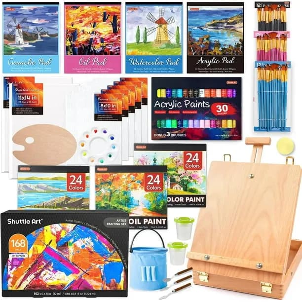 Shuttle Art 168 Pcs Artist Painting Set, Deluxe Art Set with Paint, Wooden Easel, Canvas, Paper Pads, Brushes and Other 