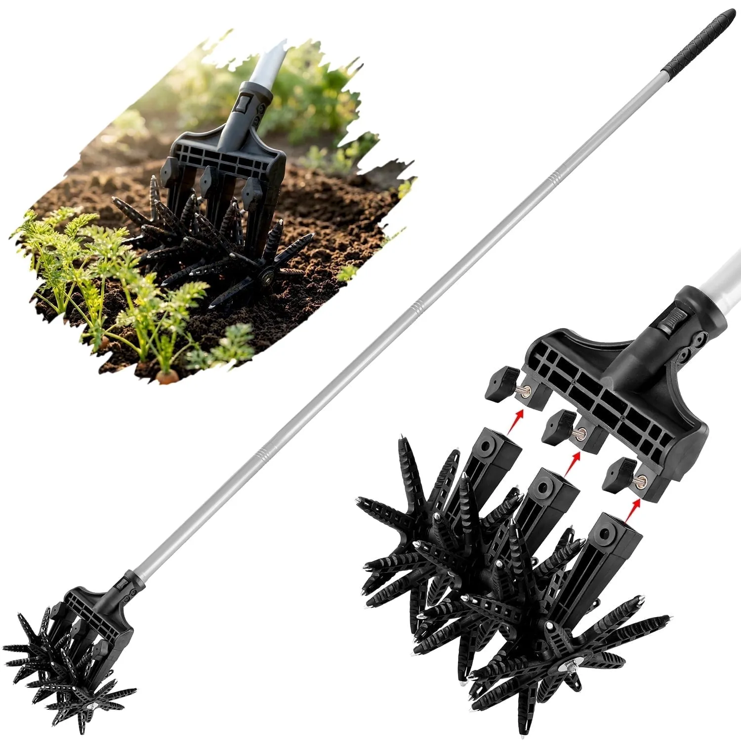 Kidsjoy 69in Manual Hand Tiller,2-in-1 Lawn Aerator Cultivator Tool with Adjustable Handle,42 Tines Stainless Steel