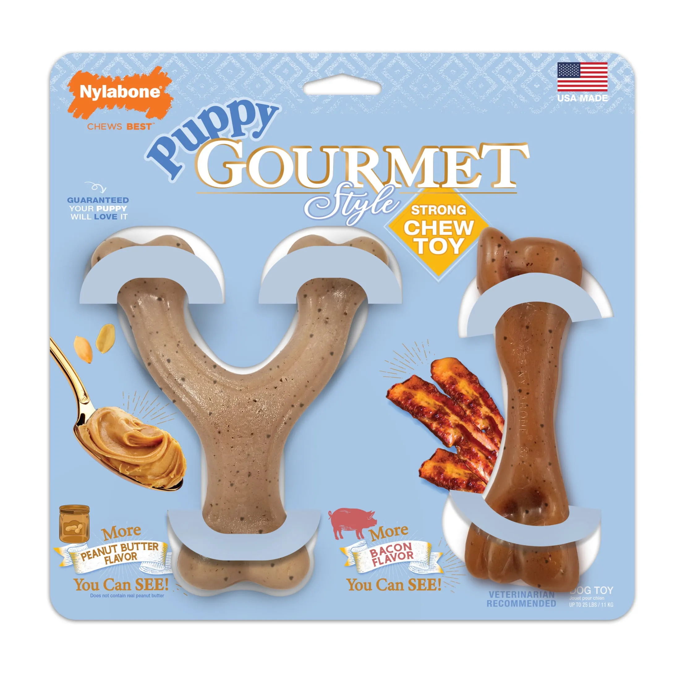 Nylabone Strong Chew Gourmet Style Wishbone & Femur Bone Dog Toy, Dog Chew Toy, Peanut Butter & Bacon Flavor, Small, 2 P