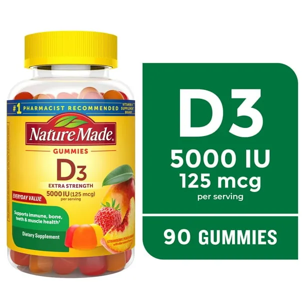 Nature Made Extra Strength Vitamin D3 5000 IU (125 mcg) per Serving Gummies, Dietary Supplement, 90 Count
