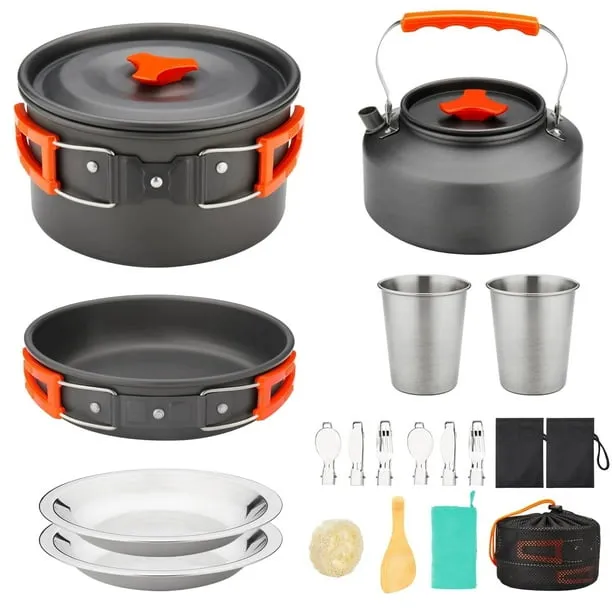 16pcs Camping Cookware Mess Kit, Non-Stick Lightweight Pot Pan Kettle Set with Stainless Steel Cups Plates Forks Knives 