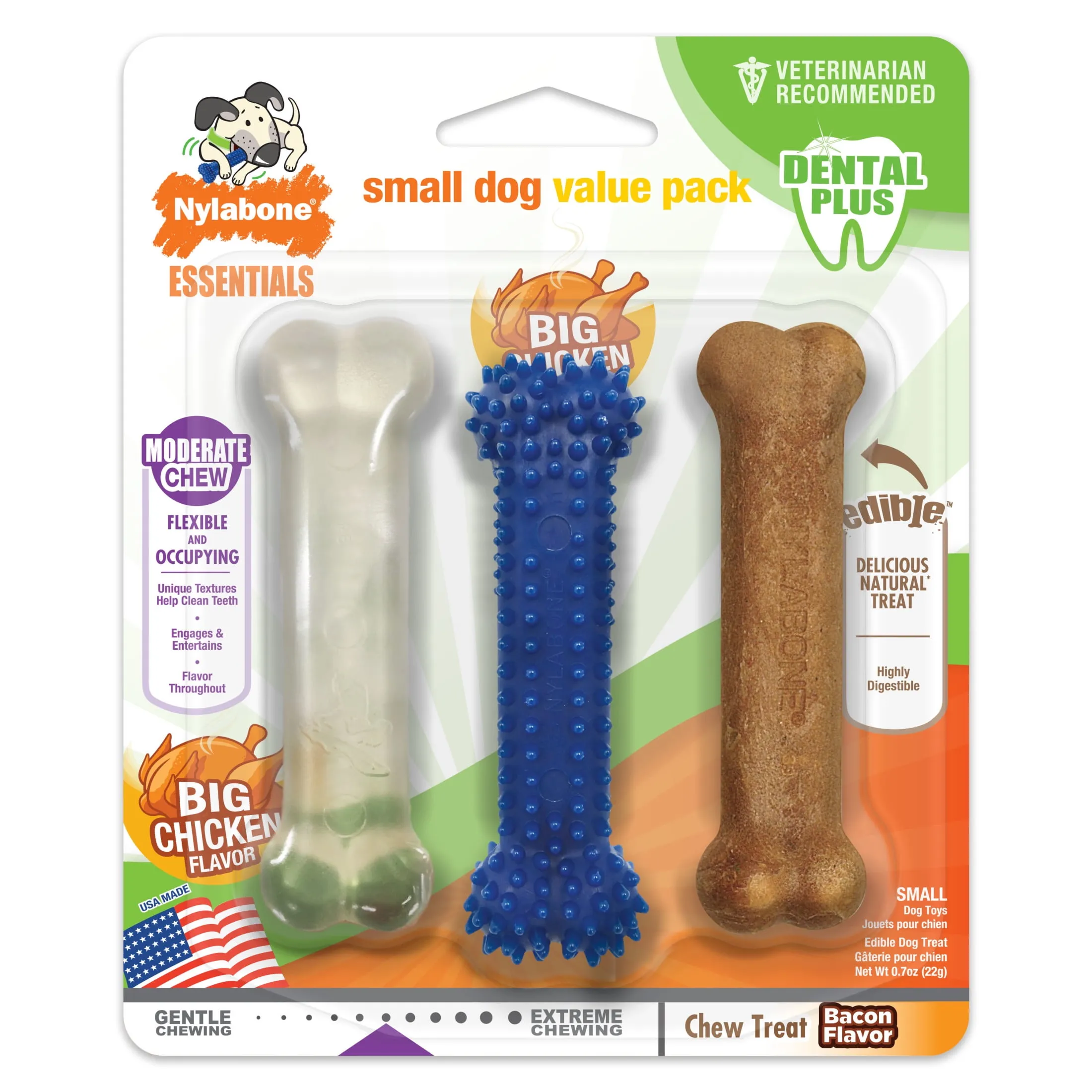 Nylabone Flexi Chew Small Dog Toy Value Pack with Dog Treats, Dog Chew Toys, Bacon & Chicken Flavor, X-Small, 3 Pack