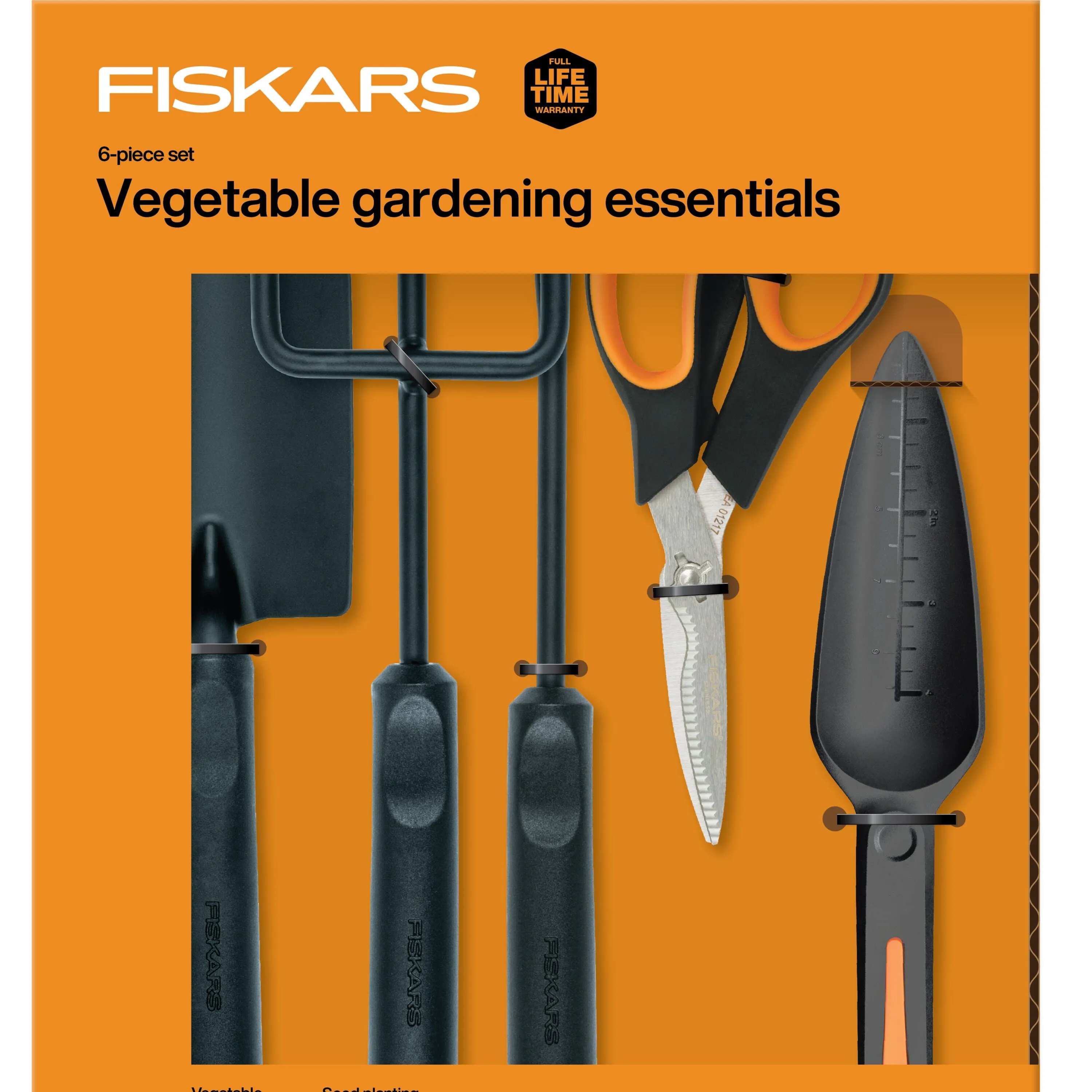 Fiskars Vegetable Garden Tool Set with Vegetable Shears, Seed Sower, Trowel, Cultivator, Weeder, and L/XL Garden Gloves 