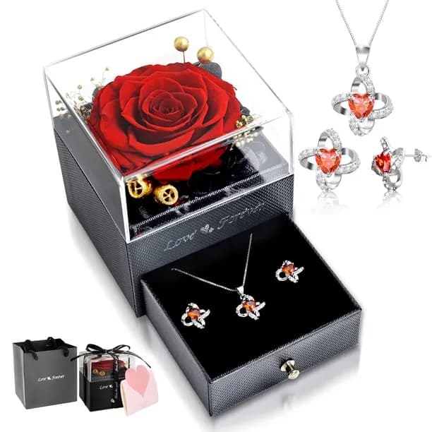 Eternal Rose with Necklace Earrings Set Birthday Gifts for Women Mom Preserved Real Flowers Mothers Day Valentines Day G