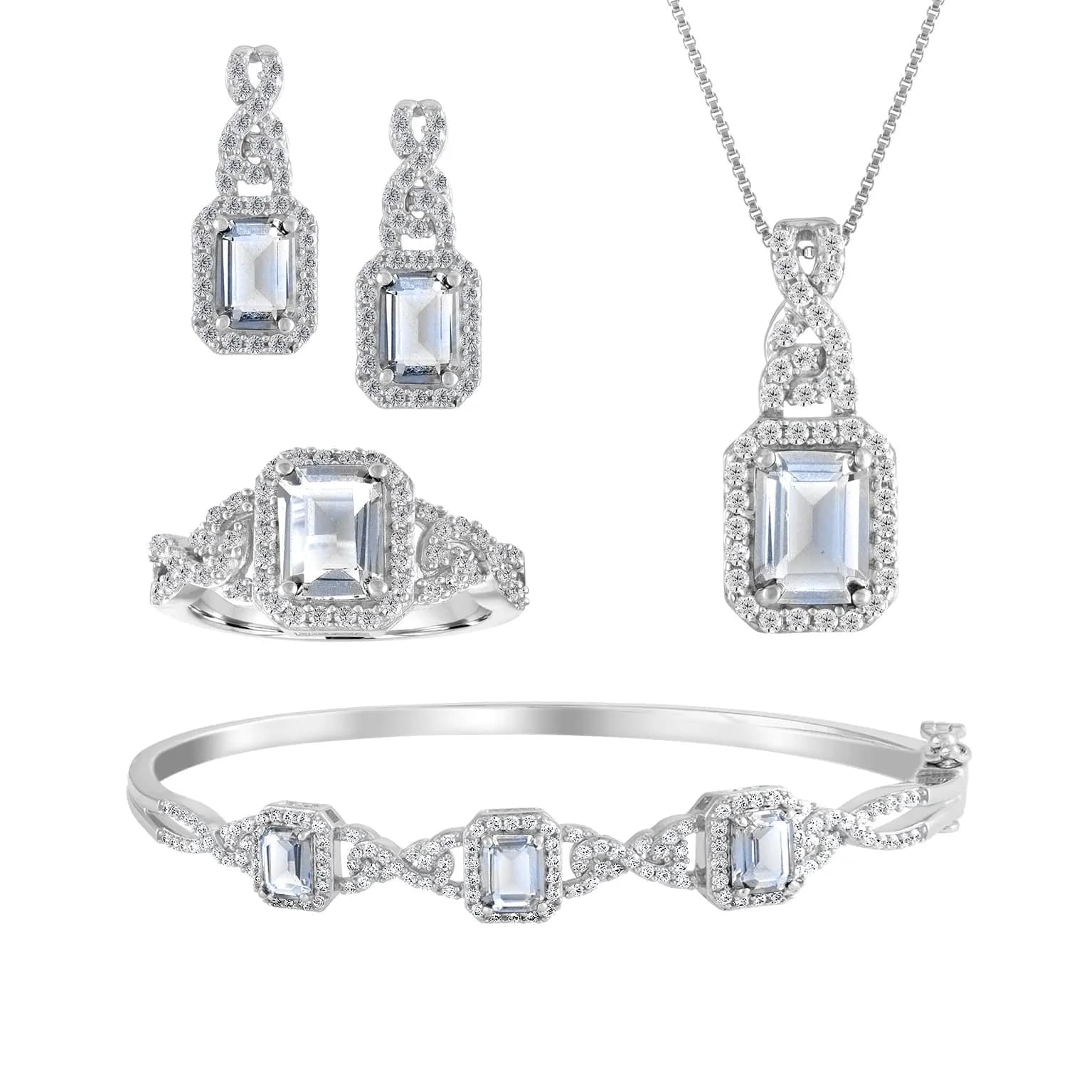Women's 4-Piece Simulated Aquamarine & Cubic Zirconia Jewelry Set in Silver Over Brass