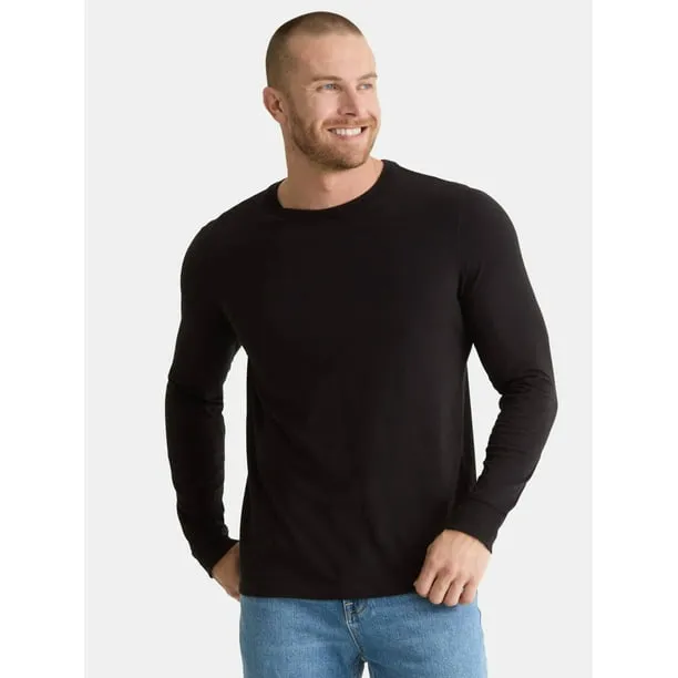Men's & Big Men's Cotton Crewneck T-Shirt with Long Sleeves, Size XS-3XL