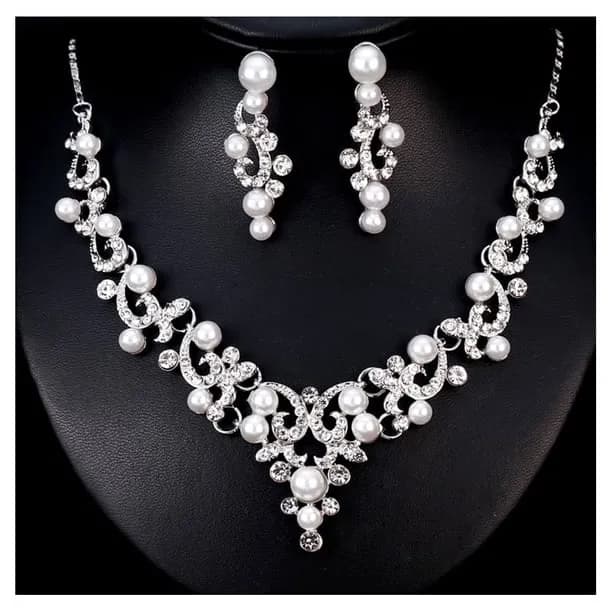 Bridal Women Necklace Faux Pearl Rhinestone Wedding Earrings Jewelry Set