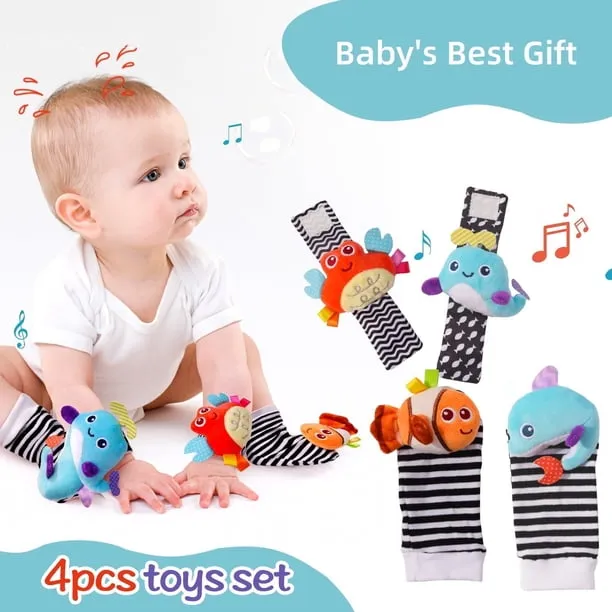 4PCS Cute Sea Animal Baby Rattle Socks and Wrist