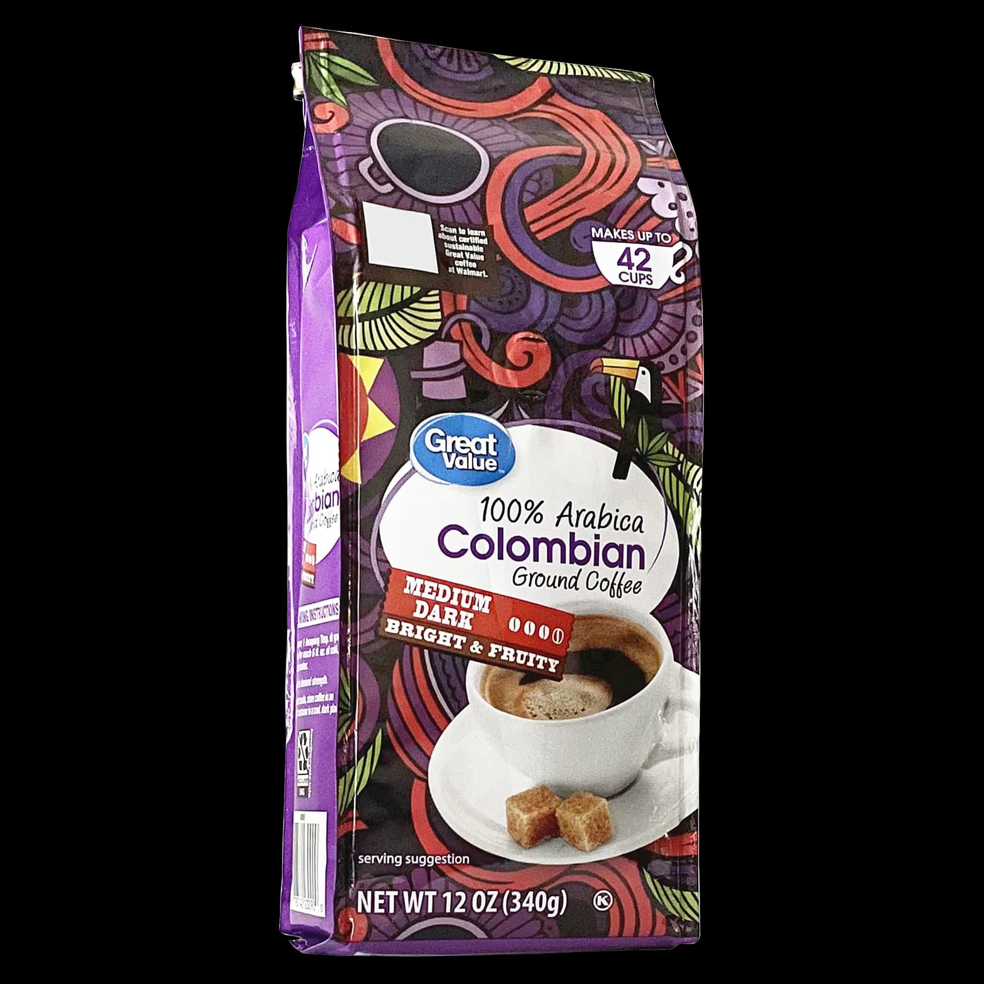 Great Value 100% Arabica Colombian Medium-Dark Roast Ground Coffee, 12 oz, Bag