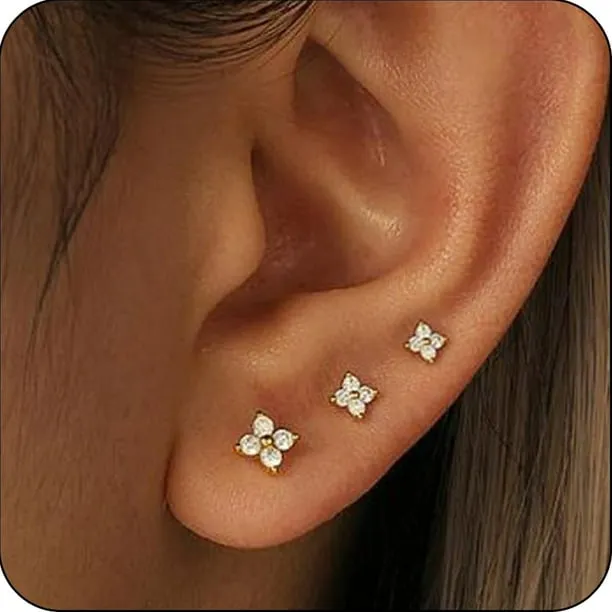 3 Pairs 18K Gold Plated Flower Stud Earrings for Women Small Cartilage Hypoallergenic Post Earring Sets for Multiple Pie