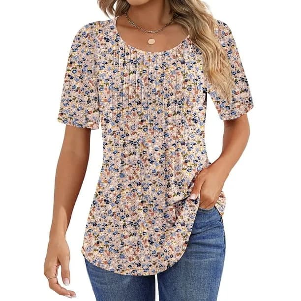 Blouses for Women Pleated Short Sleeve Tunic Tops