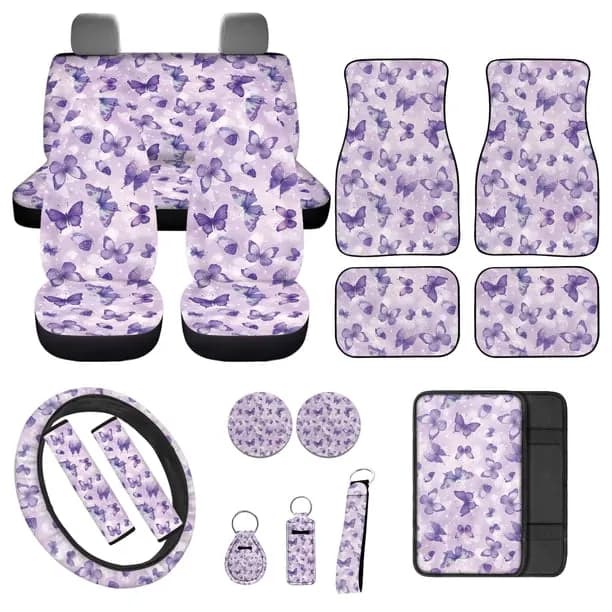Jeiento Purple Butterfly Automotive Seat Covers Full Set for Women, 17 Pcs Car Interior Decorative Accessories Include C