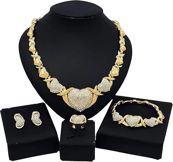 FASHION HEART PENDANT JEWELRY SET SHINY NECKLACES EARRINGS BRACELET AND RING FOUR PIECE SET ELEGANT AND ROMANTIC WOMEN'S