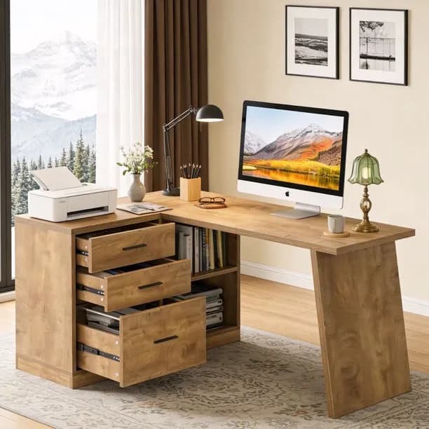 Fnova 55 L Shaped Computer Desk with 3 Drawers
