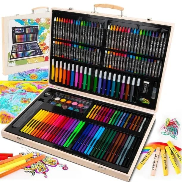 Xueyu Versatile Art Supplies, 180-Pack Portable Deluxe Wooden Art Set Crafts, Drawing Painting Kit for Every Artistic En