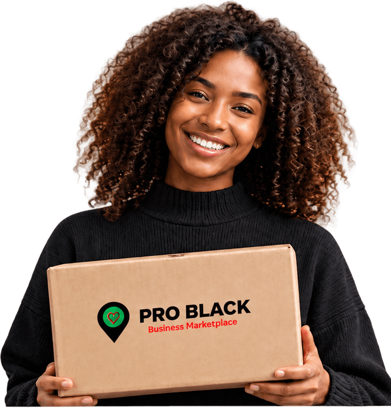 Smiling shopper holding a Pro Black delivery box