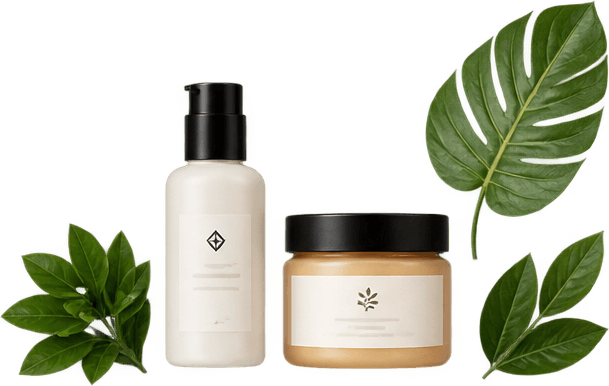 Skincare bottle and jar with leaves