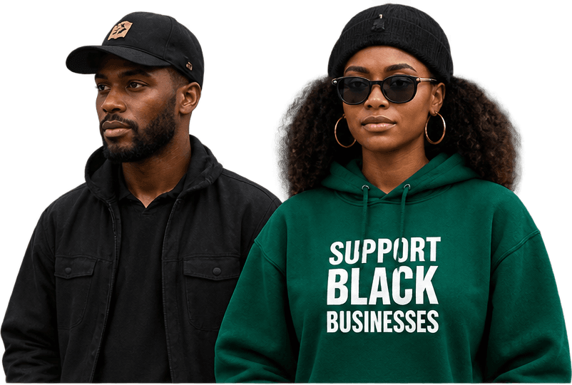 Two shoppers, one in a Support Black Businesses hoodie