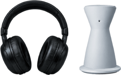 Over-ear headphones and a smart speaker