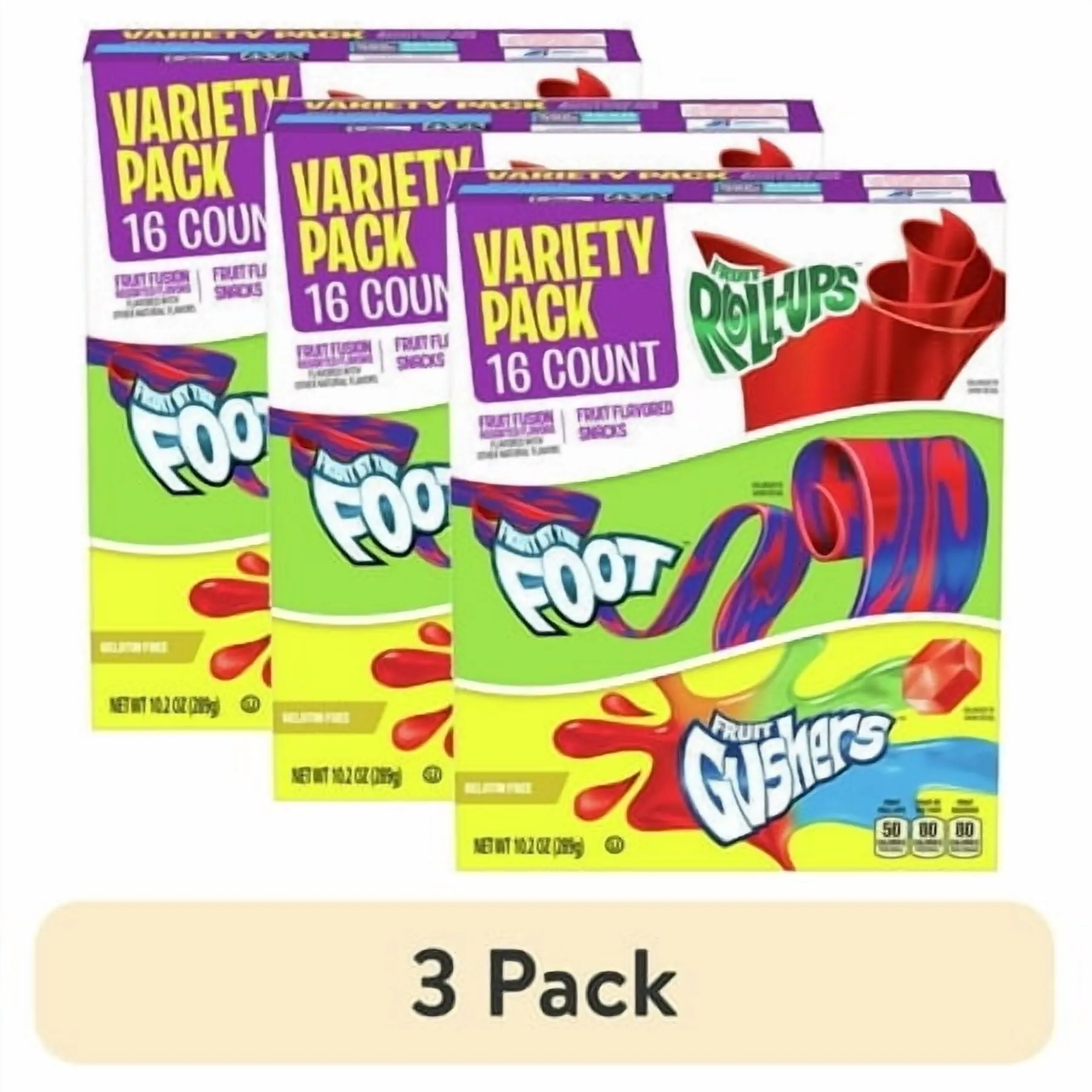(3 pack) Fruit Roll-Ups, Fruit by the Foot, Gushers, Snacks Variety Pack, 16 Ct, 10.2 oz