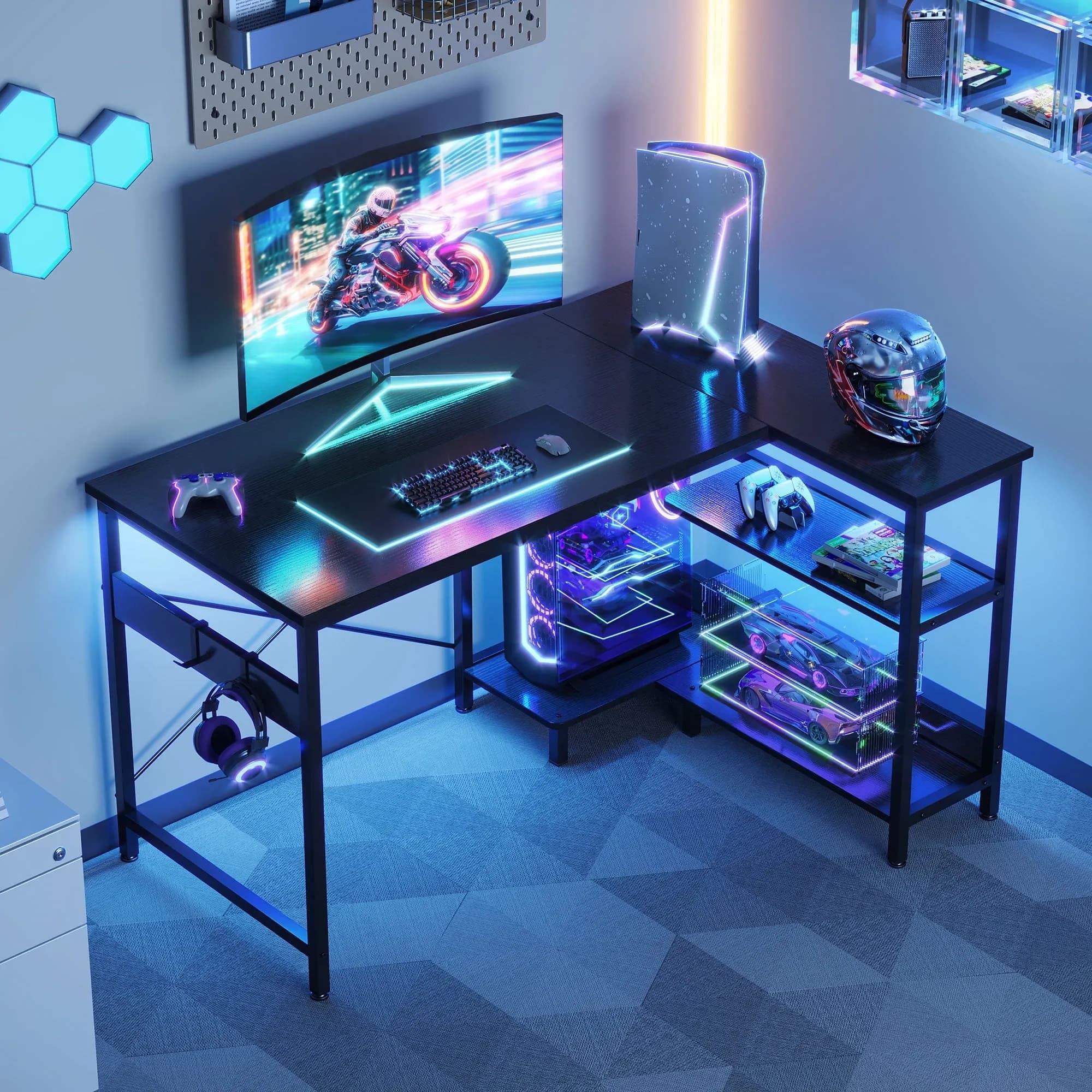 40 inch Small Office Desk with Storage Shelve, Student Writing Table for Small Spaces, Headphone Hooks, Black
