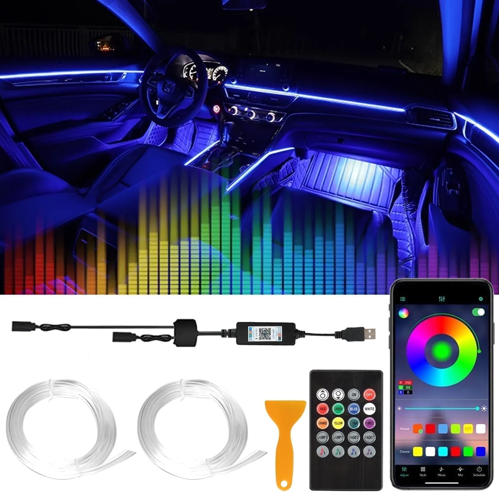 AUTOXBERT 2 in 1 RGB LED Interior Strip Light Trim Car Ambient Atmosphere Lighting APP Control