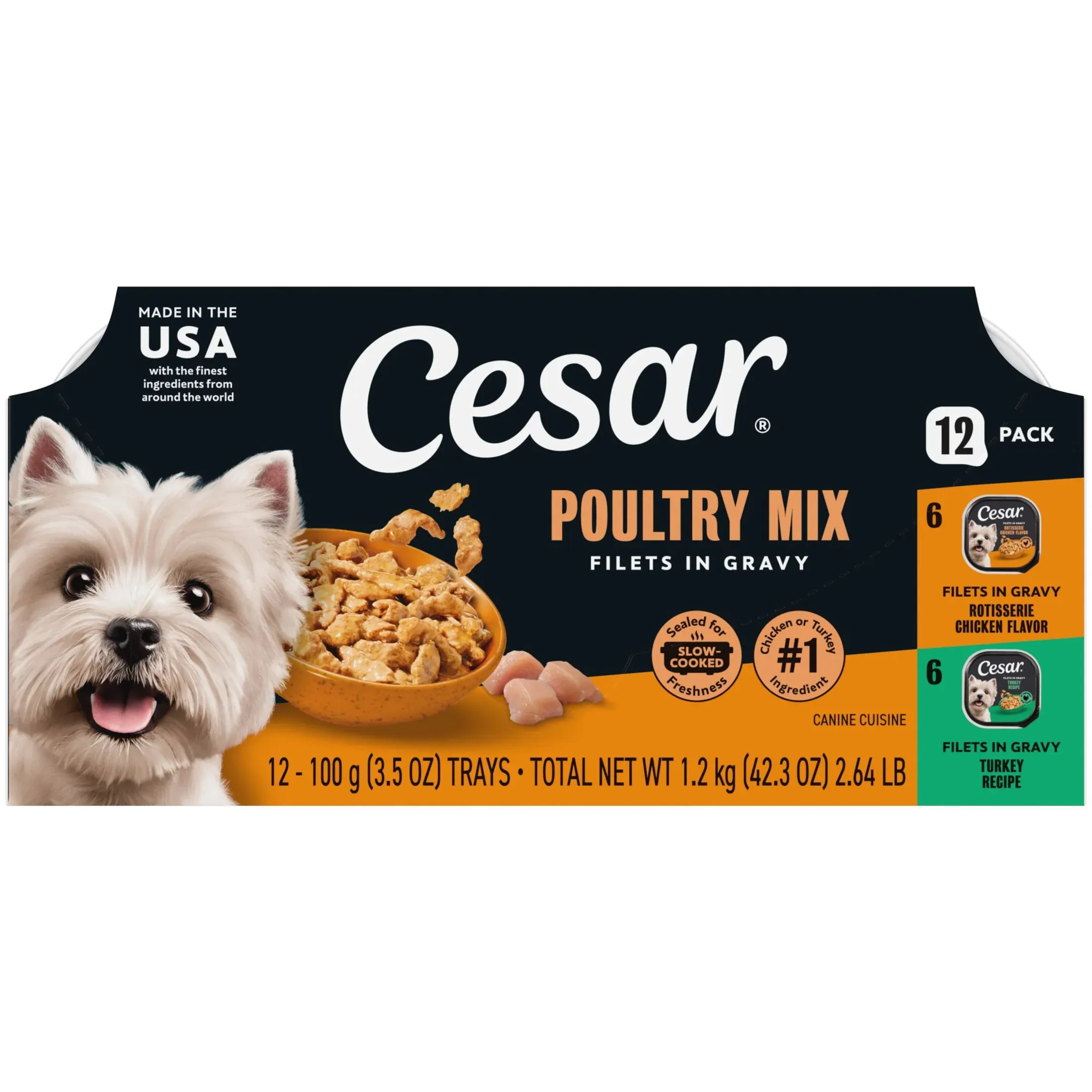 Cesar Filets in Gravy Poultry Flavor Variety Pack Wet Dog Food, 3.5 oz Easy Peel Trays, 12 Count