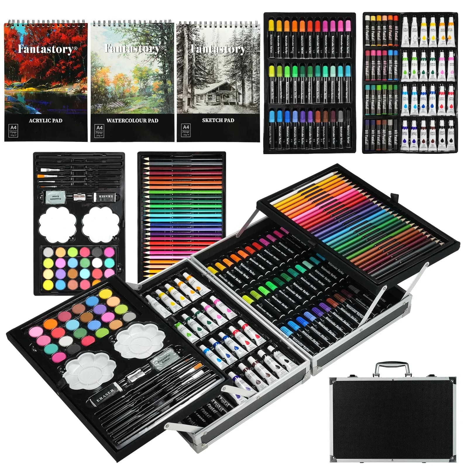 Fantastory 145 Pcs Art Supplies Set, Deluxe Aluminum Art Box Painting and Drawing Gift Kit for Adults