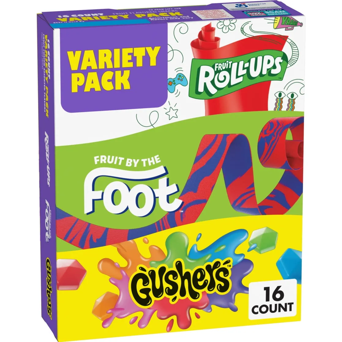 Fruit Roll-Ups, Fruit by the Foot, Gushers, Snacks Variety Pack, 16 Ct, 10.2 oz