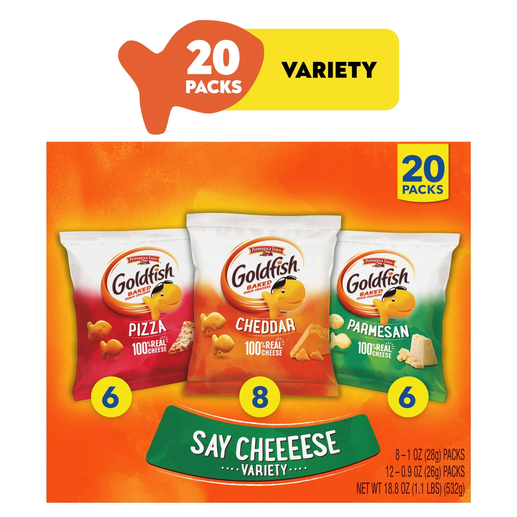 Goldfish Crackers Say Cheeeese Variety Pack with Cheddar, Pizza and Parmesan, Snack Packs, 20 Count