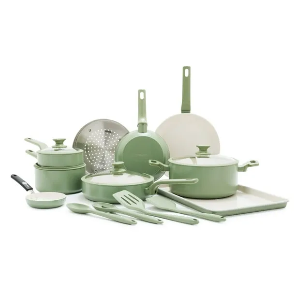 GreenPan Essence 17-Piece Ceramic Nonstick Cookware – Toxin-Free, Dishwasher & Oven Safe, Green