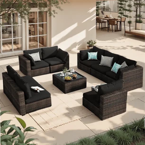 Grezone 9 Pieces Outdoor Patio Furniture, PE Wicker Rattan Sectional Sofa Patio Conversation Sets