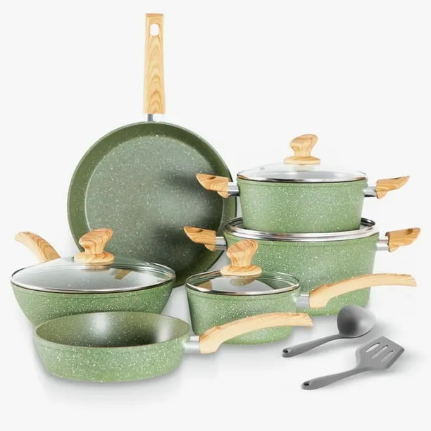 MF Studio 12 Pieces Cookware Set Granite Nonstick Pots and Pans Dishwasher Safe, Green
