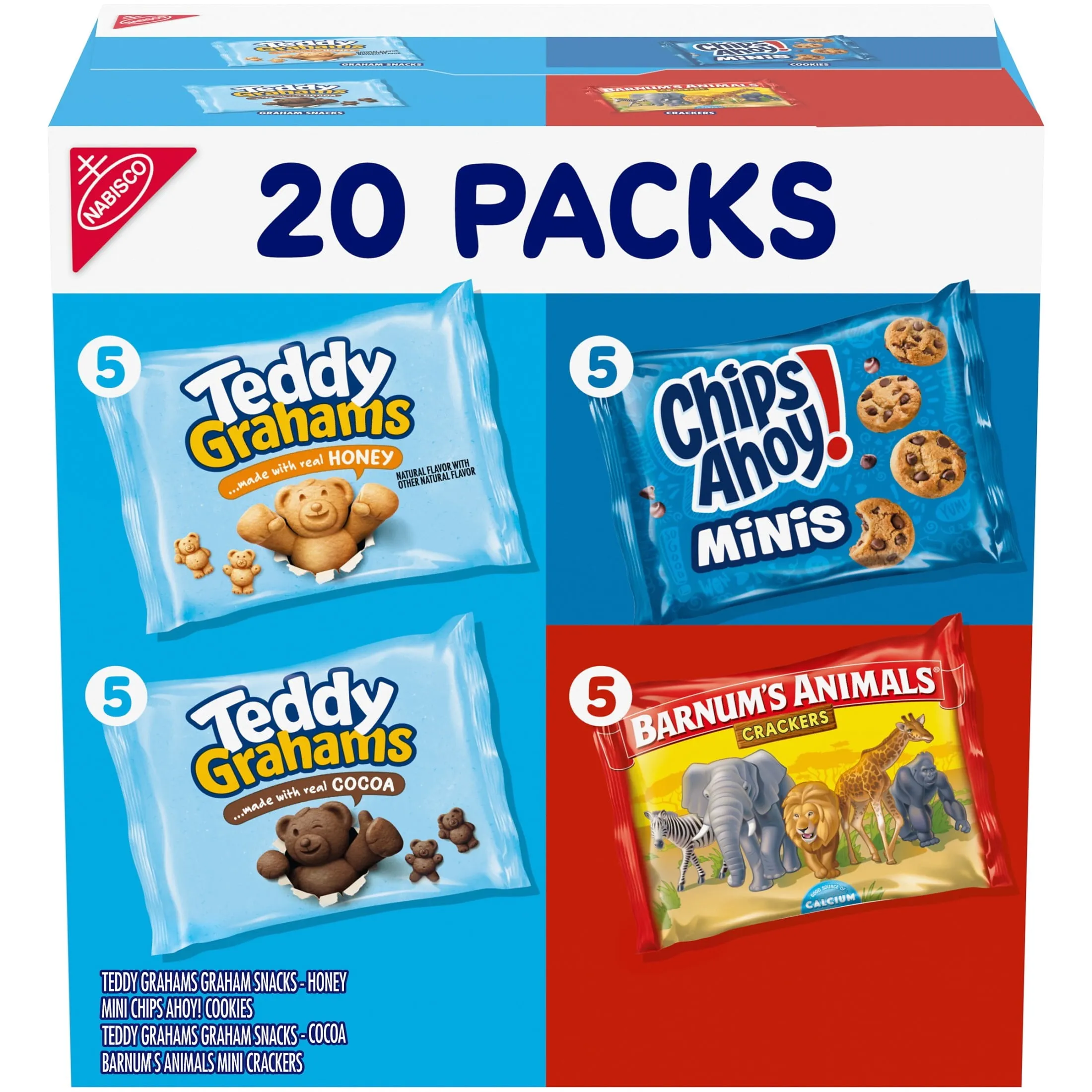 Nabisco Variety Pack, Barnum's Animal Crackers, Teddy Grahams & CHIPS AHOY! Cookies, 20 Snack Packs