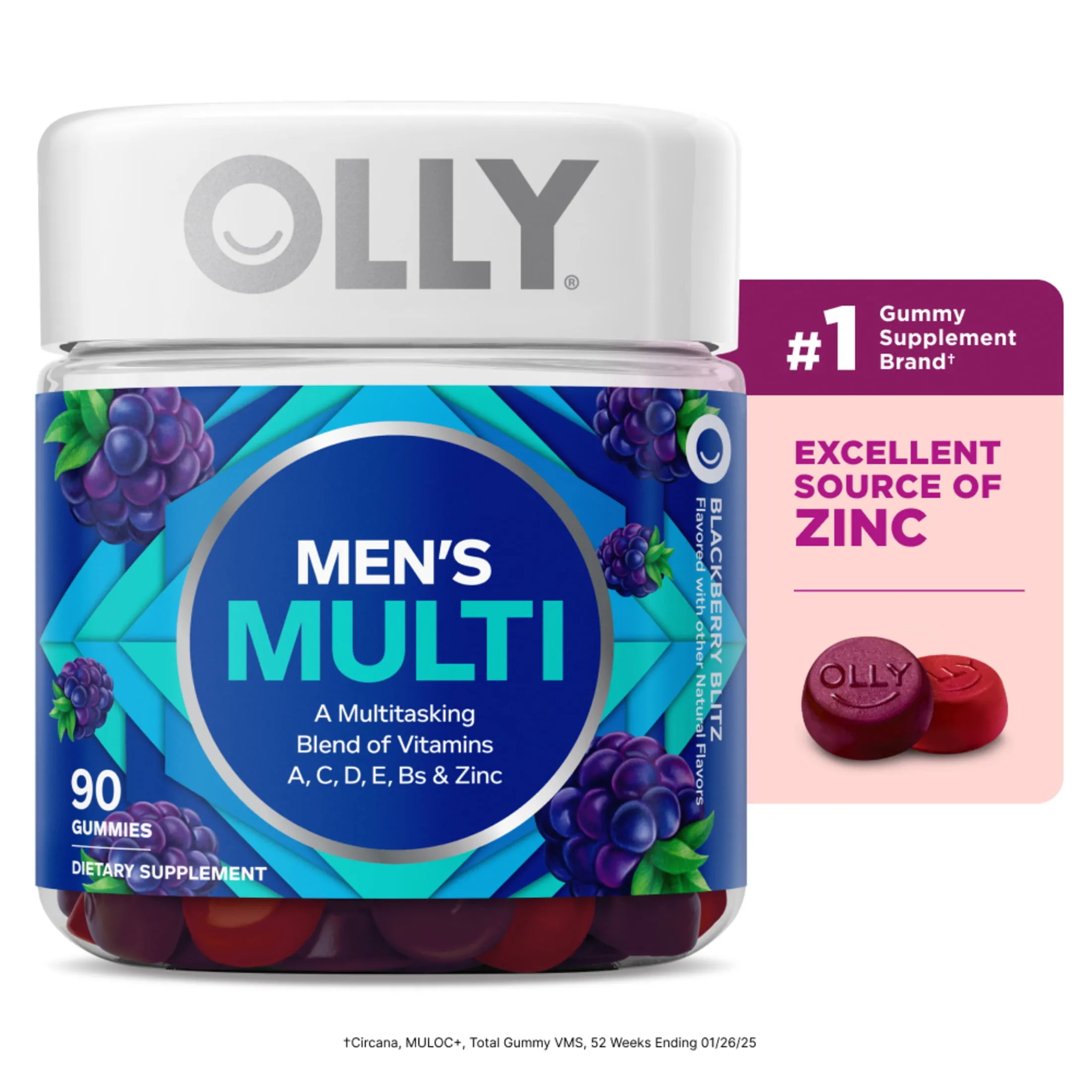 OLLY Men's Multivitamin Gummy, Vitamin A, C, D, E, B, Zinc, Wellness Supplement, 90 Ct