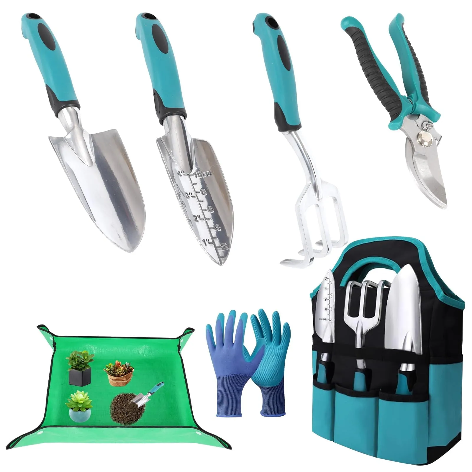 YUOFD Gardening Tool Set, Heavy Duty Gardening Hand Tools Kit, 7PCS Garden Tool with Bag and Gloves