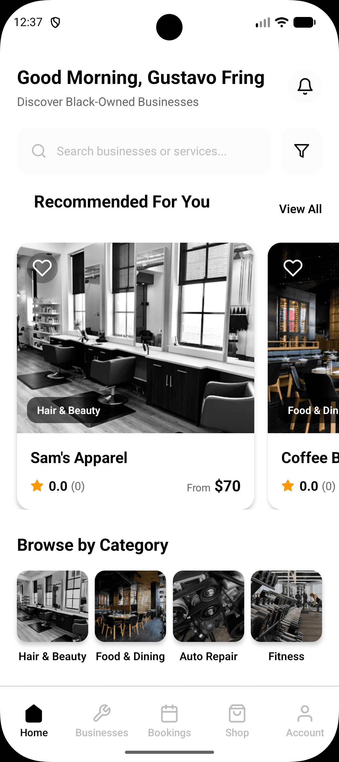 Pro Black app home screen showing recommended Black-owned businesses and browse-by-category tiles
