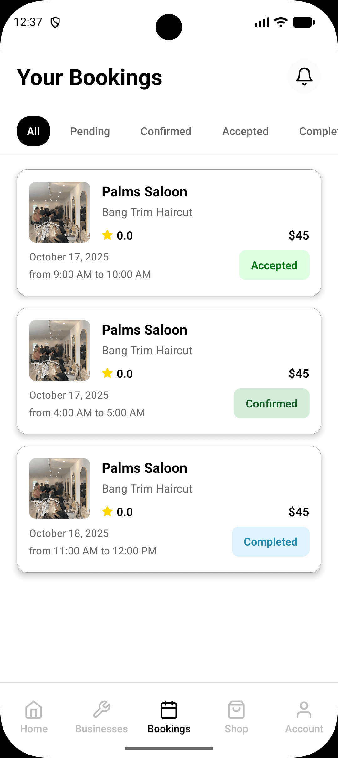 Pro Black app Your Bookings screen with accepted, confirmed and completed appointments