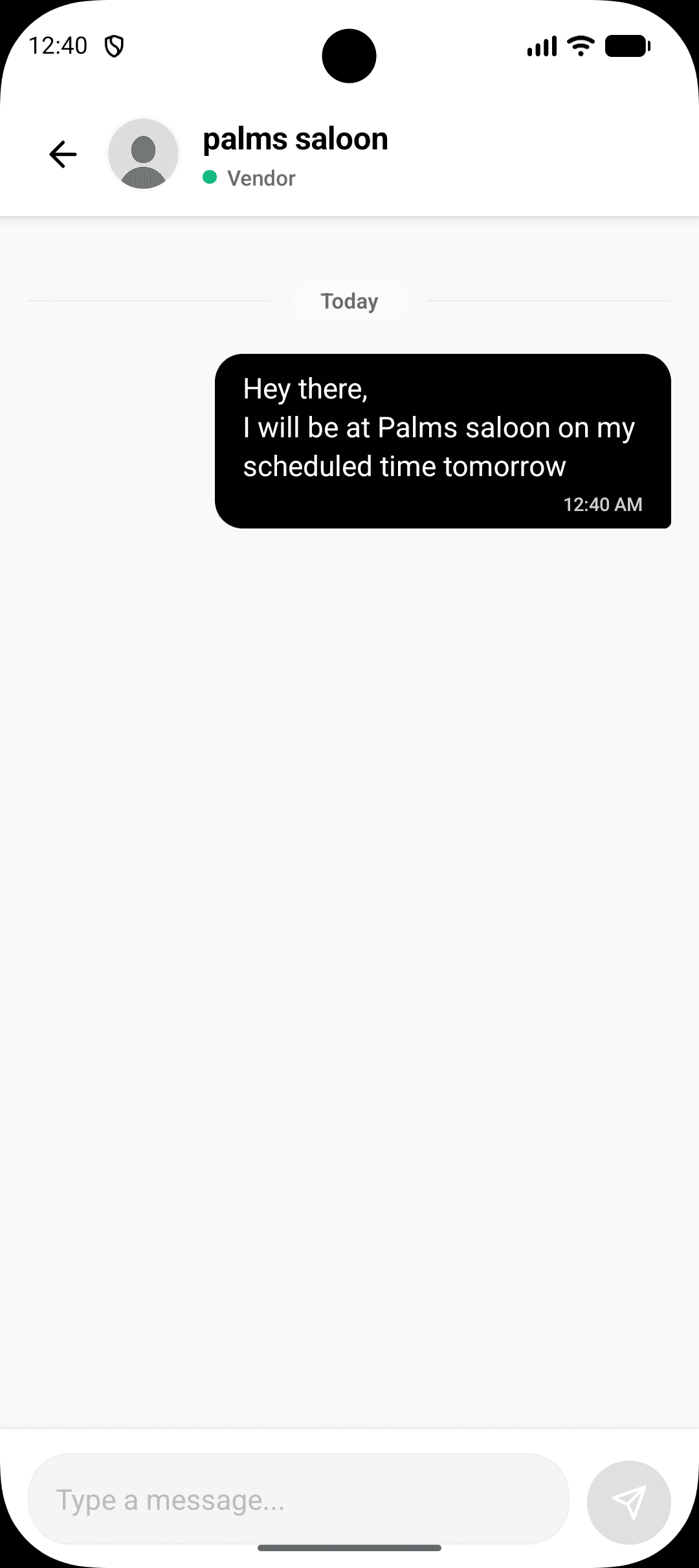 Pro Black app messaging screen showing a conversation with a vendor