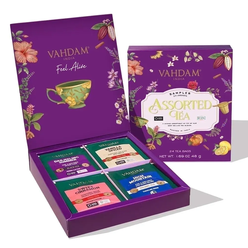 VAHDAM Premium Assorted Tea Gift Set, 24 Pyramid Tea Bags in Elegant Presentation Box - Gourmet Tea Variety Pack - The Perfect Gift for Any Occasion